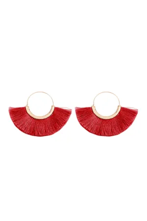 Burgundy Fan Tassel Hoop Earrings - Pack of 6