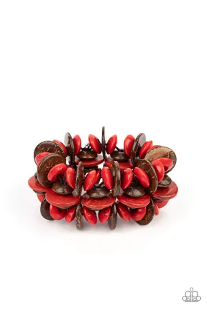 Caribbean Canopy - Red - Brown Wooden Bead Paparazzi Stretchy Bracelet
