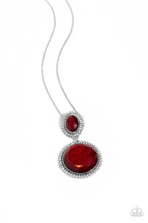 Castle Cadenza - Red - Oversized Gem White Rhinestone Halo Paparazzi Long Necklace