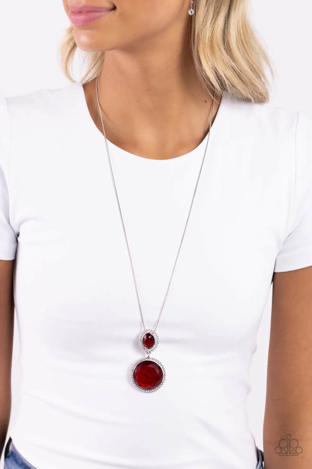 Castle Cadenza - Red - Oversized Gem White Rhinestone Halo Paparazzi Long Necklace