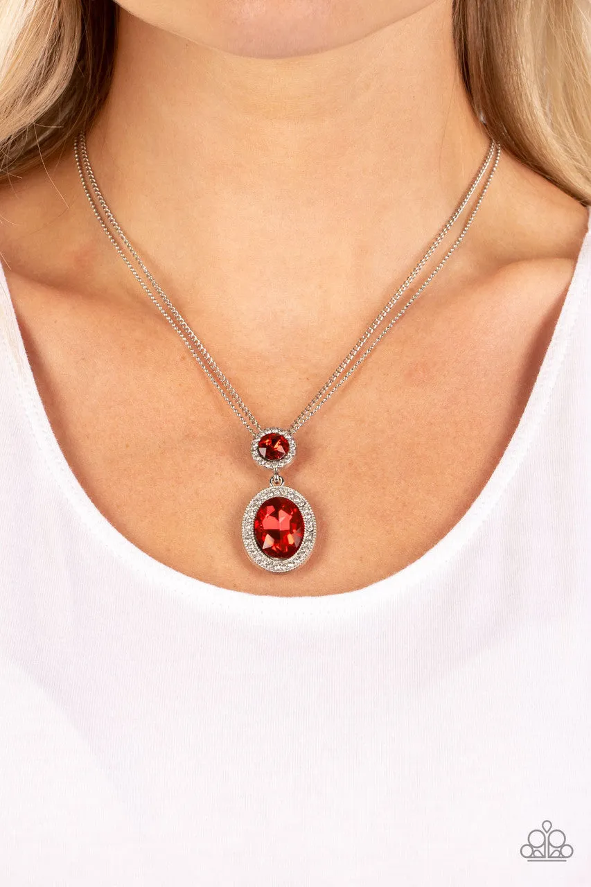 Castle Diamonds - Red - Oval Rhinestone White Halo Paparazzi Short Necklace