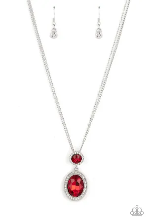 Castle Diamonds - Red - Oval Rhinestone White Halo Paparazzi Short Necklace