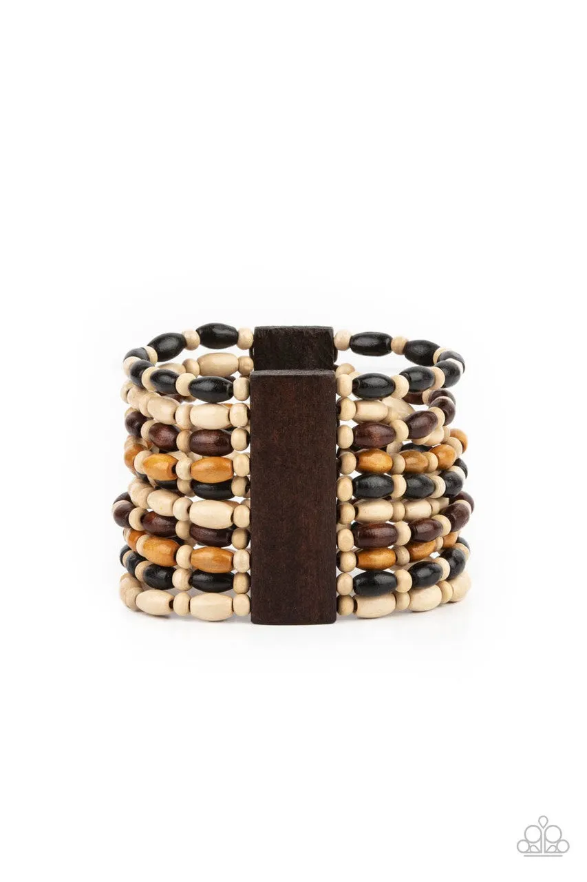 Cayman Carnival - Multi - White, Brown, and Black Wooden Bead Paparazzi Stretchy Bracelet