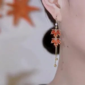 Chic CZ Inlaid Duo Maple Leaf Chain Tassel Earrings