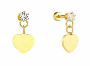 Children's Earrings:  Sweetheart Collection:  Hypoallergenic Steel with 14k Gold IP, CZ Stud, Heart Dangle Earrings with Screw Backs