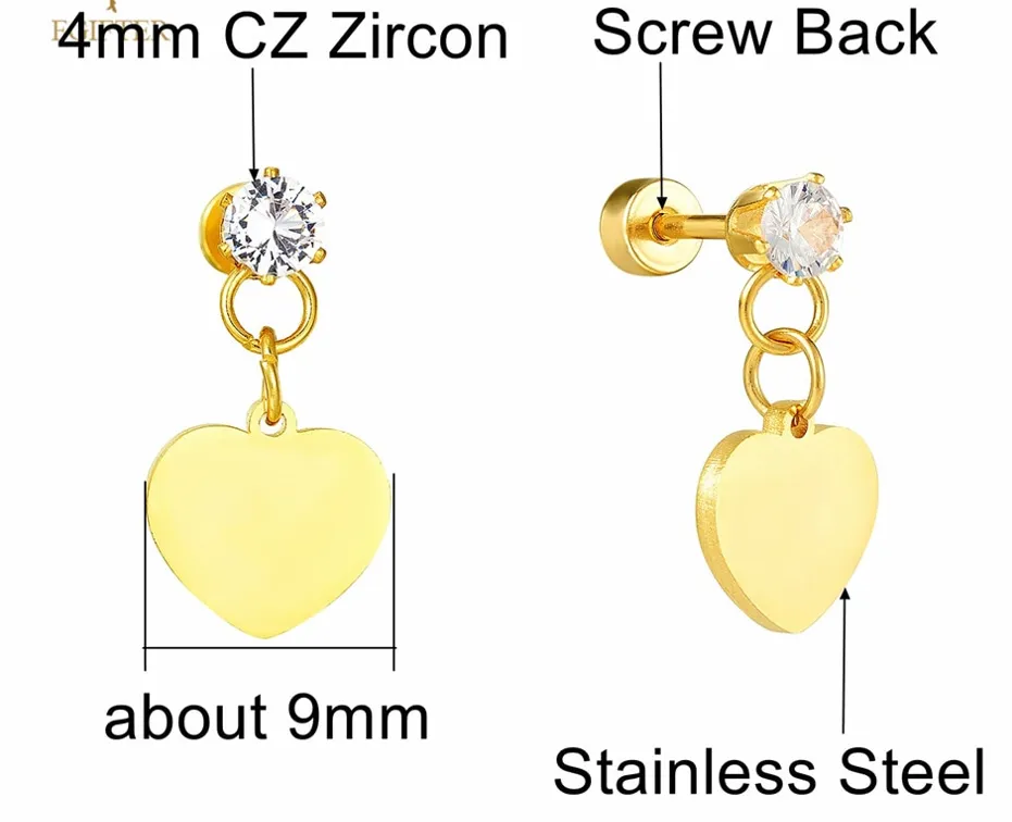 Children's Earrings:  Sweetheart Collection:  Hypoallergenic Steel with 14k Gold IP, CZ Stud, Heart Dangle Earrings with Screw Backs