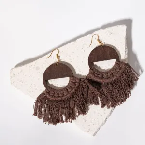 Chocolate Macrame Tassel Wooden Earrings