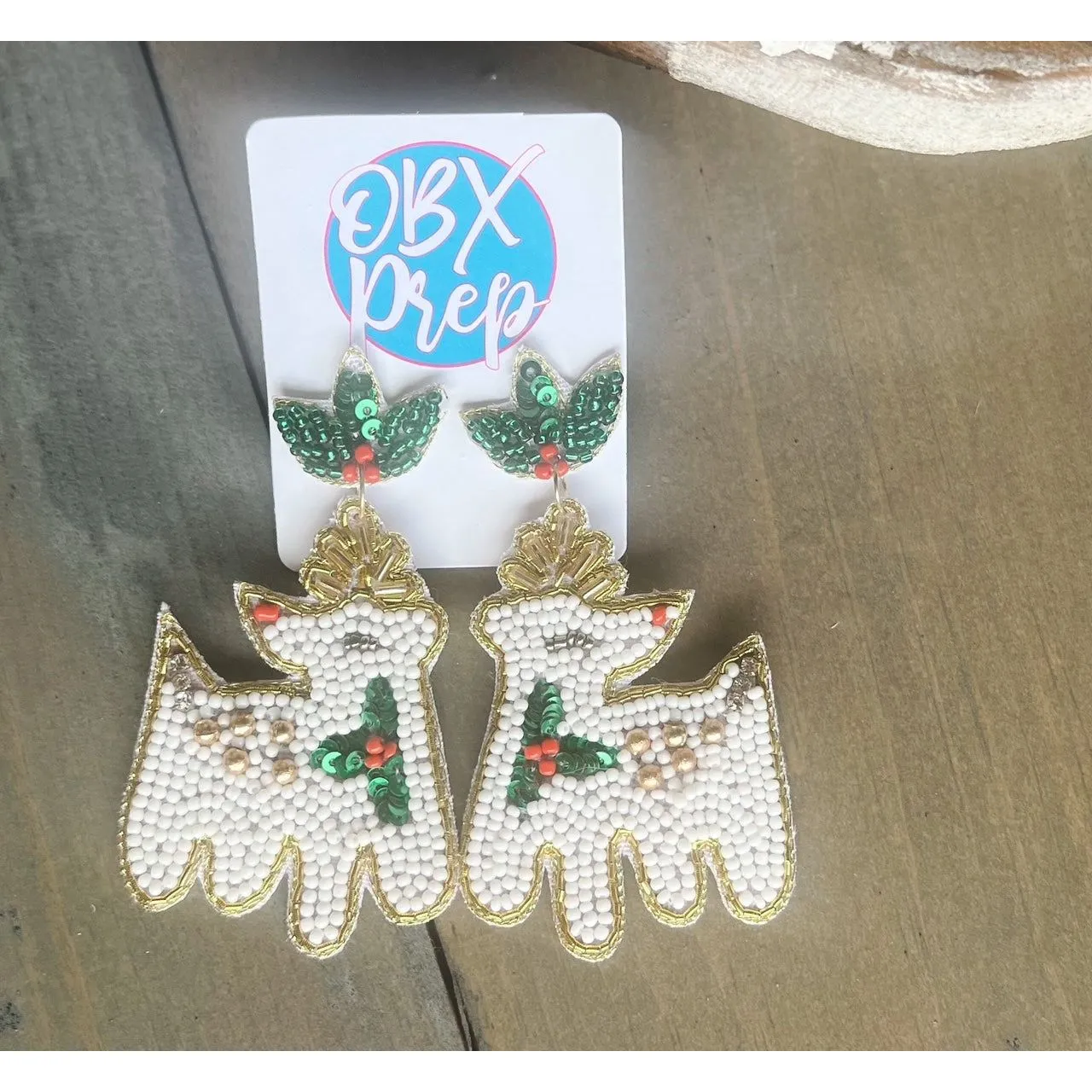Christmas White Reindeer Beaded Dangle Earrings.