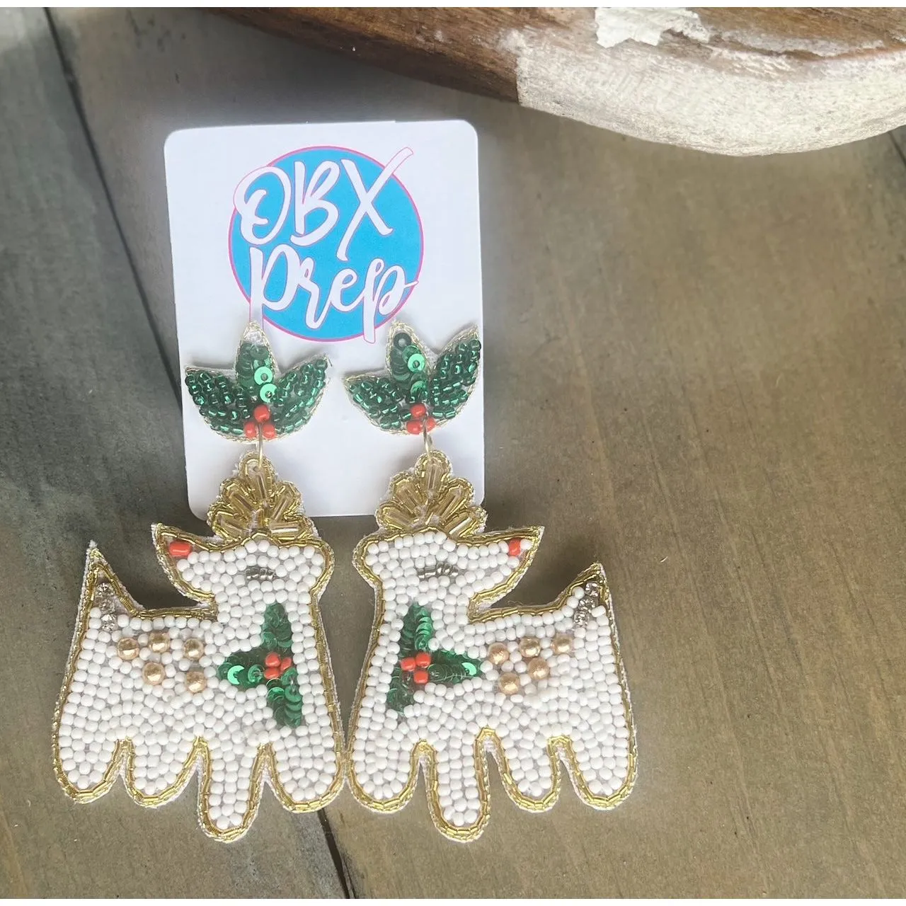 Christmas White Reindeer Beaded Dangle Earrings.