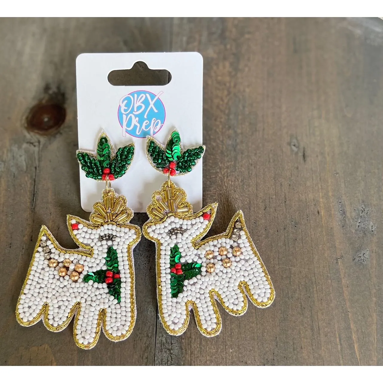 Christmas White Reindeer Beaded Dangle Earrings.