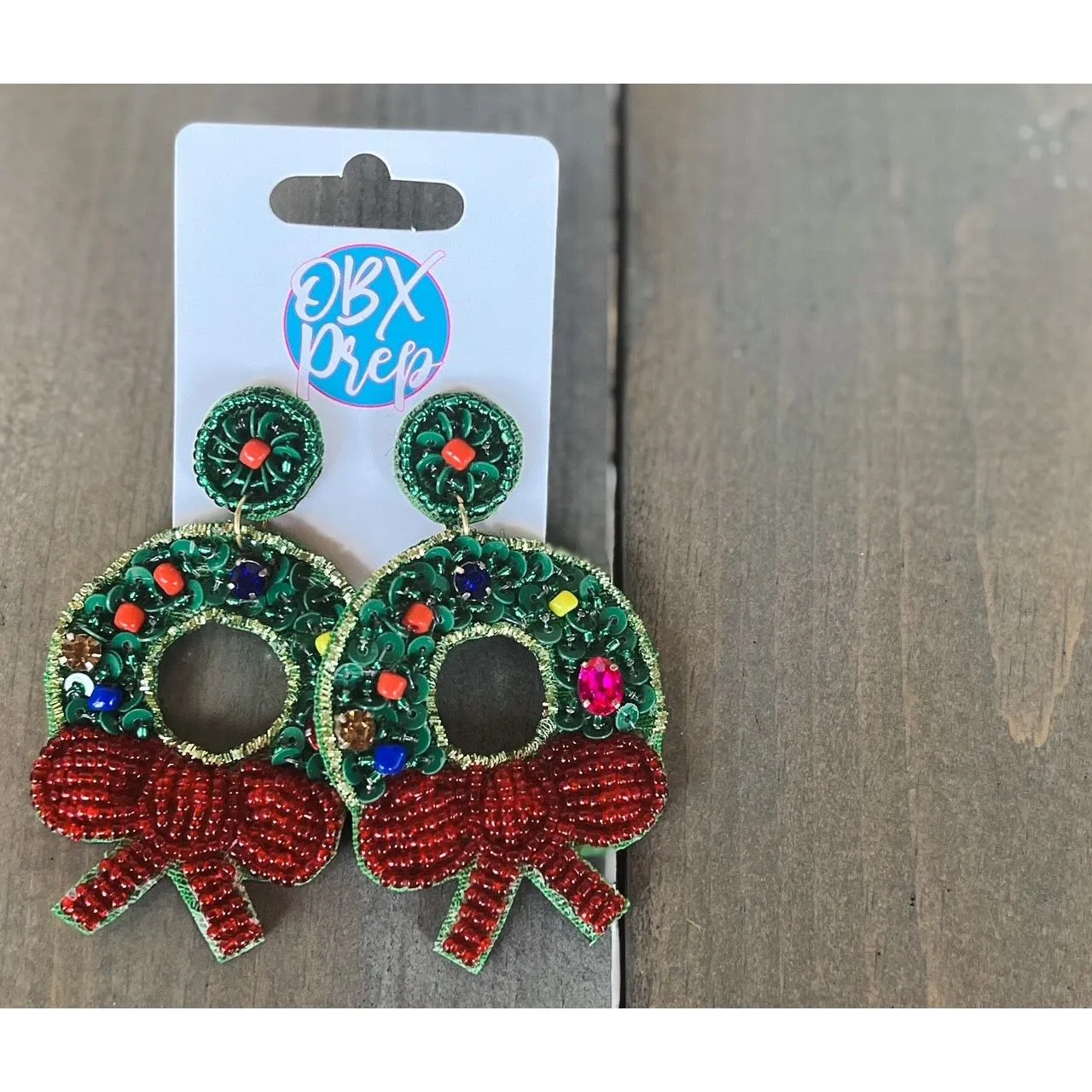 Christmas Wreath Seed Beaded Dangle Earrings Black Friday Doorbuster