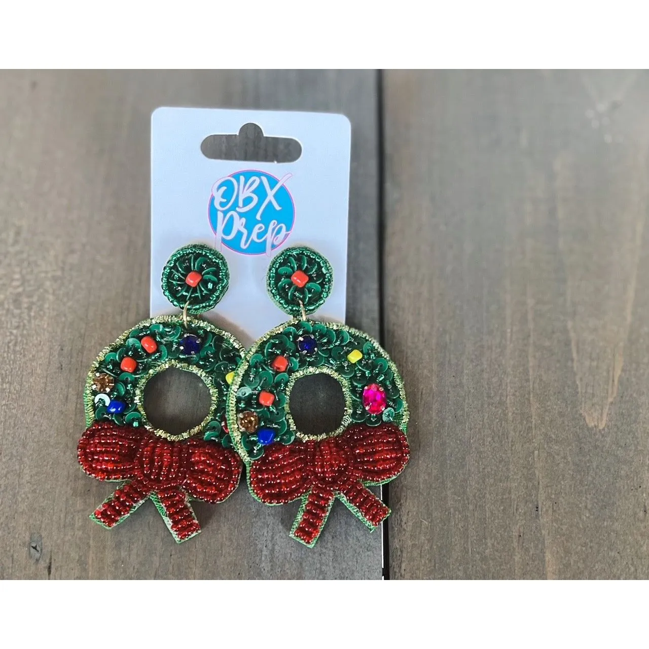 Christmas Wreath Seed Beaded Dangle Earrings Black Friday Doorbuster
