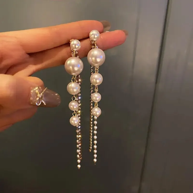 Classic Elegant Imitation Pearl Dangle Earrings For Women Crystal Long Tassel Exquisite Drop Earring Wedding Jewelry