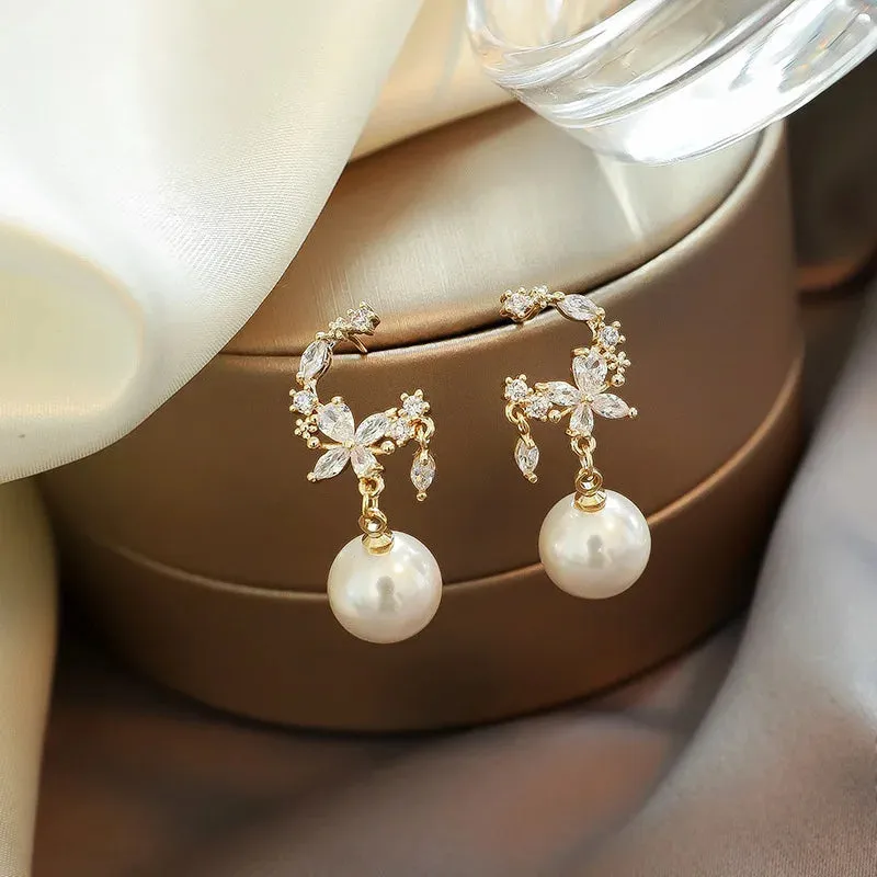Classic Elegant Imitation Pearl Dangle Earrings For Women Crystal Long Tassel Exquisite Drop Earring Wedding Jewelry