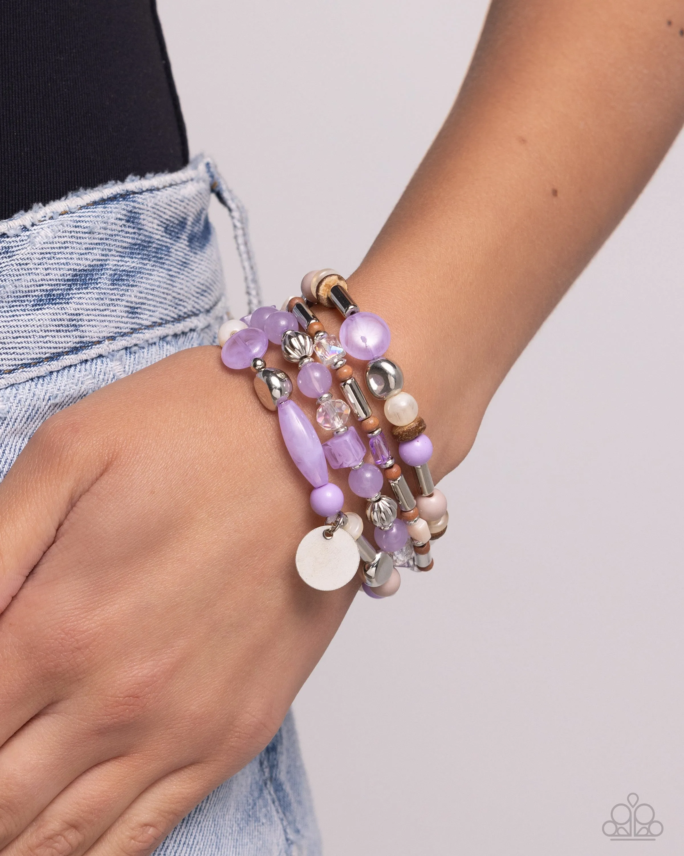 Cloudy Chic - Purple - Wooden, and Silver Bead Paparazzi Stretchy Bracelet