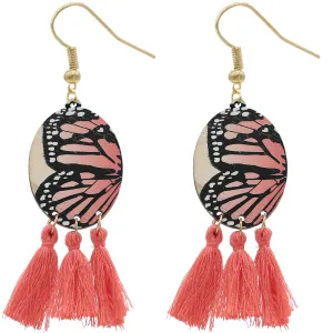 Coral Peach Butterfly Tassel Wooden Dangle Earrings