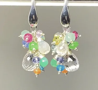 Crystal Quartz Dangle Earrings with Multi Gemstone Cluster Sterling Silver 4