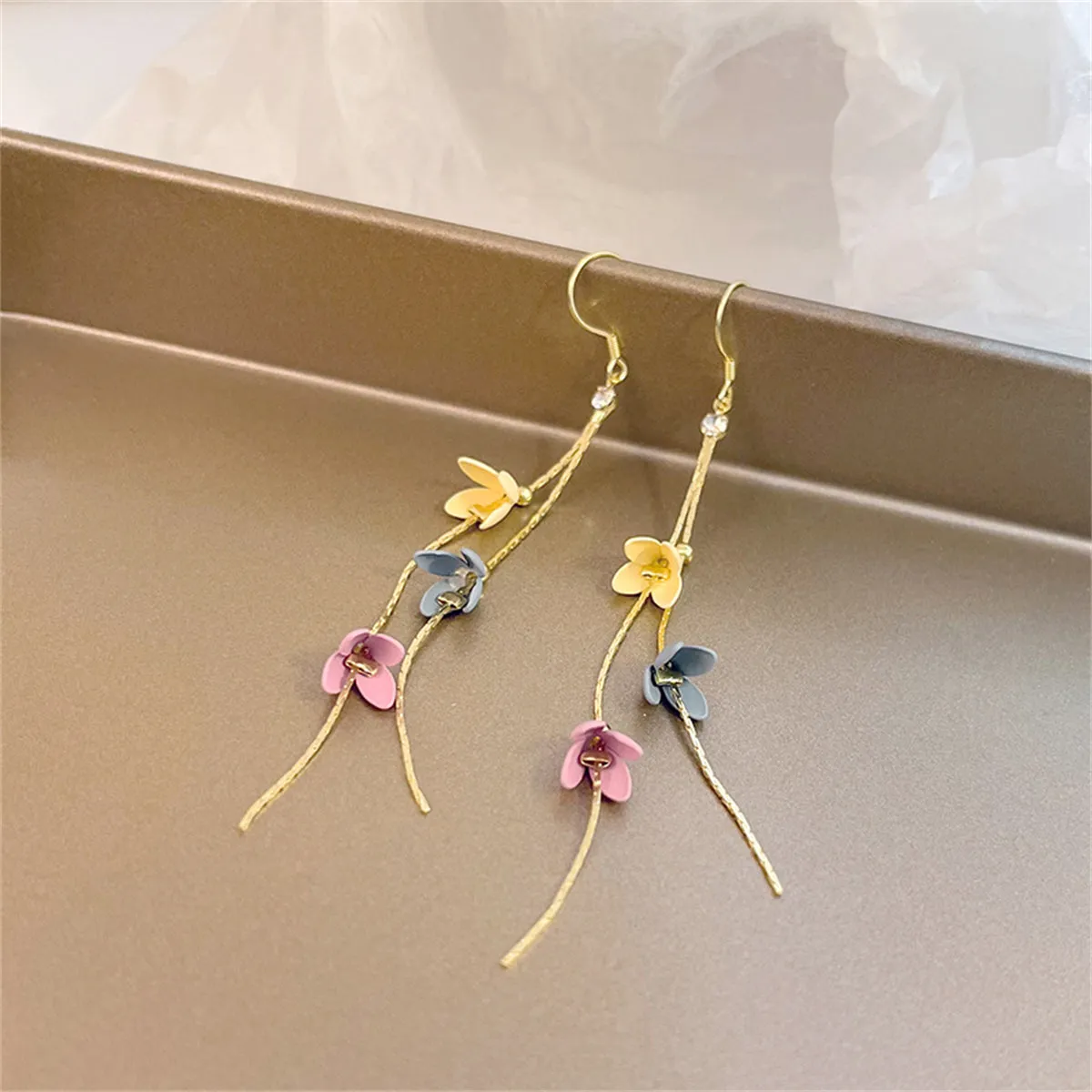 Cubic Zirconia & Enamel 18K Gold-Plated Linked Floral Tassel Drop Earrings