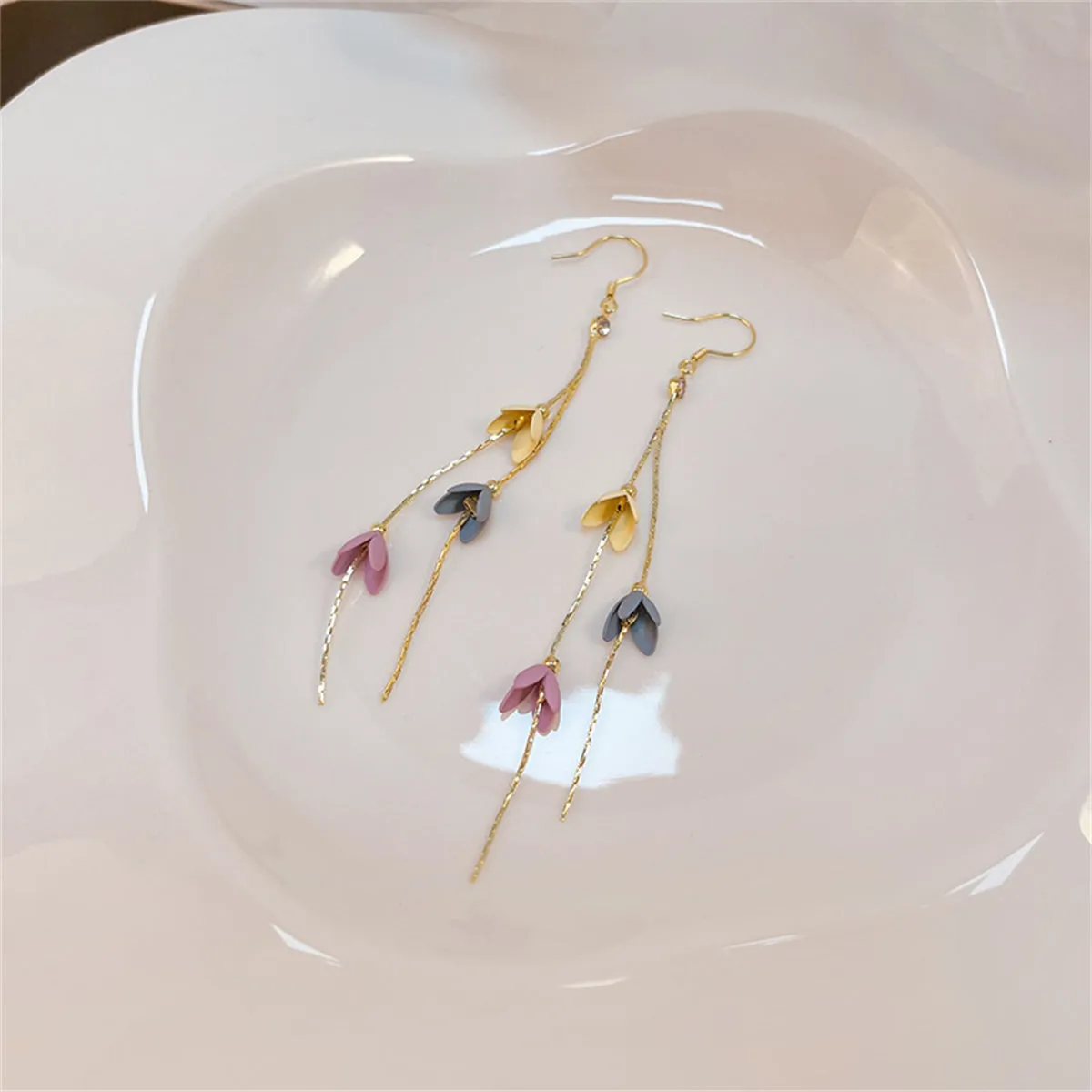 Cubic Zirconia & Enamel 18K Gold-Plated Linked Floral Tassel Drop Earrings