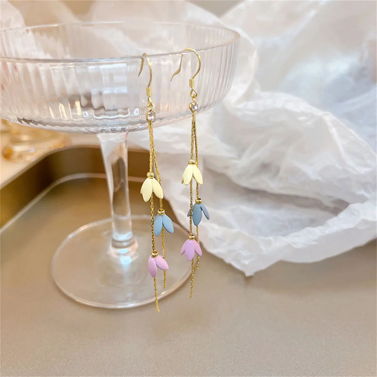 Cubic Zirconia & Enamel 18K Gold-Plated Linked Floral Tassel Drop Earrings
