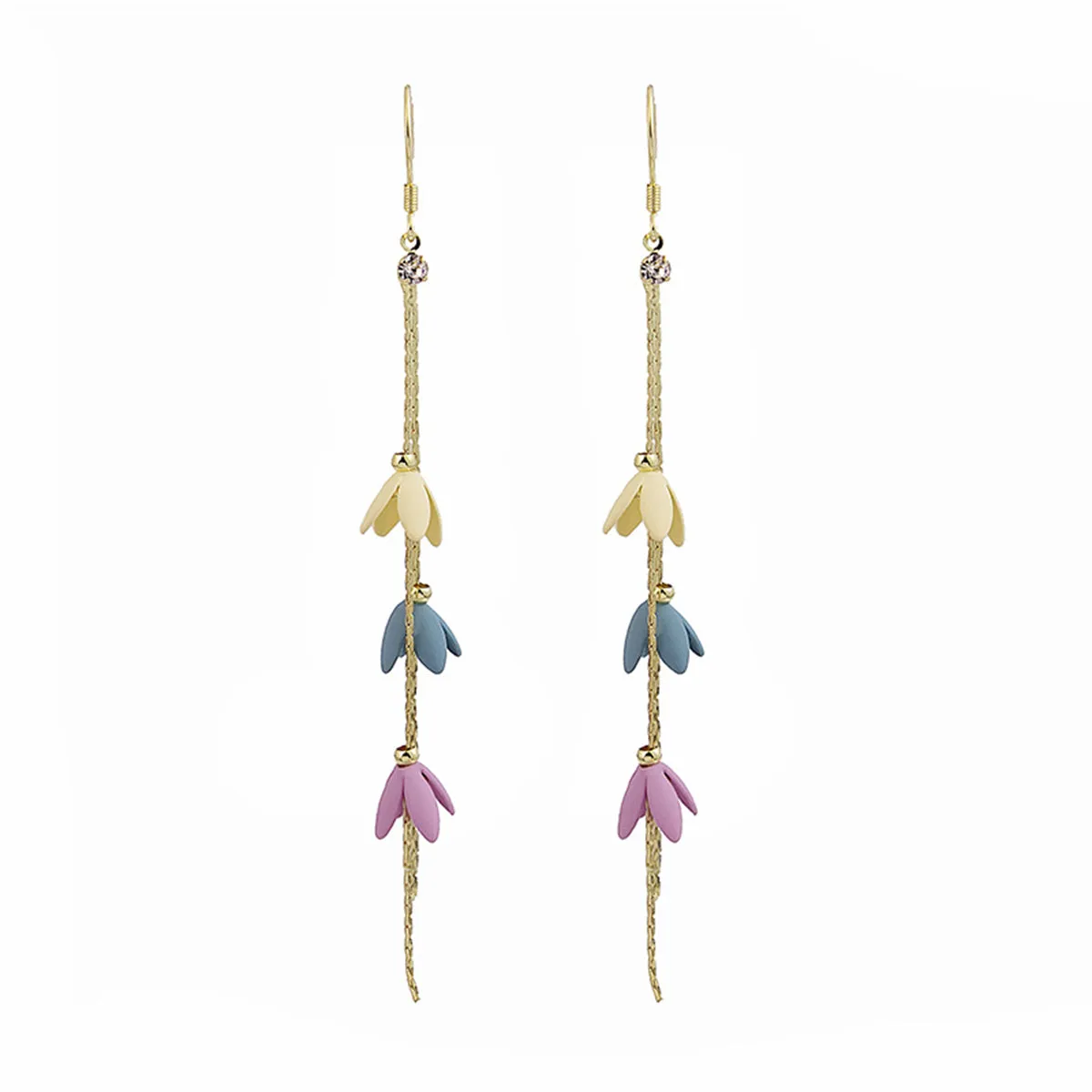 Cubic Zirconia & Enamel 18K Gold-Plated Linked Floral Tassel Drop Earrings