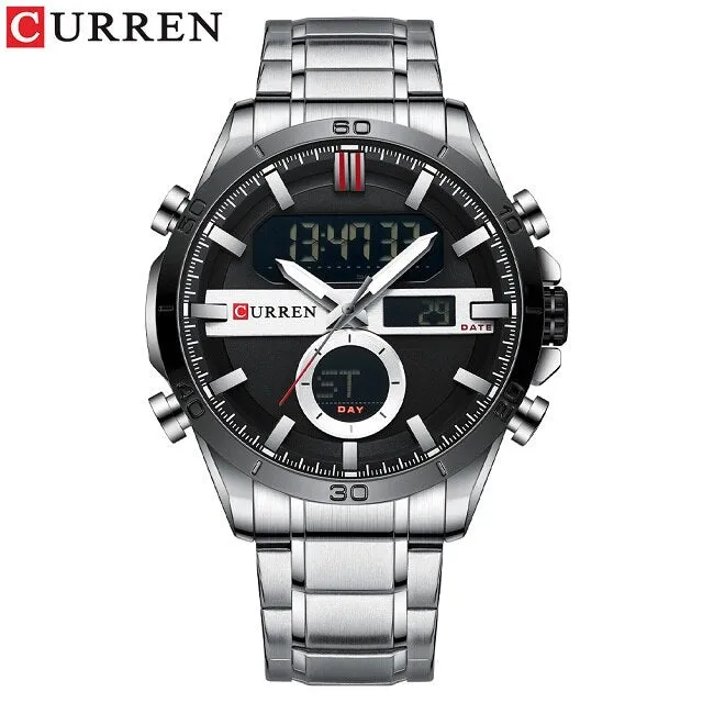 CURREN Golden Mens Quartz Watches LED Digital Luminou Wrist Watch Dual Display Male Clock StainlessSteel Relogio Masculino 8384