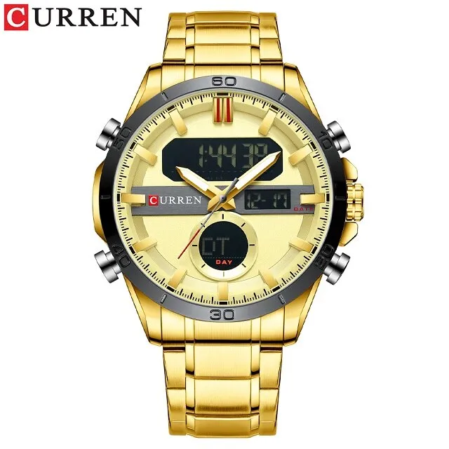 CURREN Golden Mens Quartz Watches LED Digital Luminou Wrist Watch Dual Display Male Clock StainlessSteel Relogio Masculino 8384