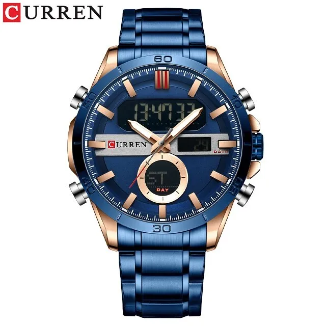 CURREN Golden Mens Quartz Watches LED Digital Luminou Wrist Watch Dual Display Male Clock StainlessSteel Relogio Masculino 8384
