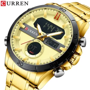 CURREN Golden Mens Quartz Watches LED Digital Luminou Wrist Watch Dual Display Male Clock StainlessSteel Relogio Masculino 8384