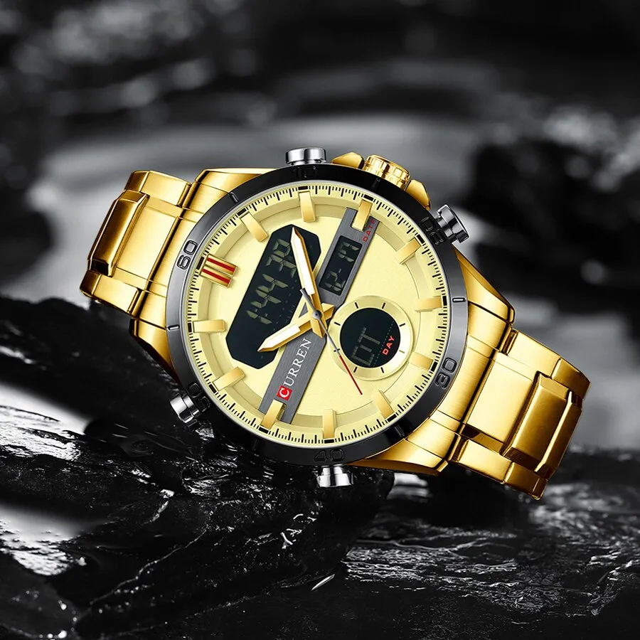CURREN Golden Mens Quartz Watches LED Digital Luminou Wrist Watch Dual Display Male Clock StainlessSteel Relogio Masculino 8384