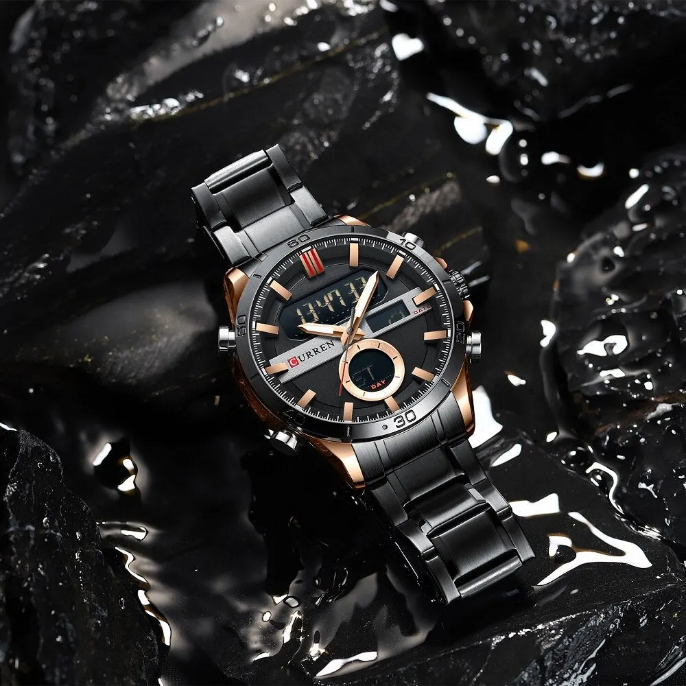 CURREN Golden Mens Quartz Watches LED Digital Luminou Wrist Watch Dual Display Male Clock StainlessSteel Relogio Masculino 8384