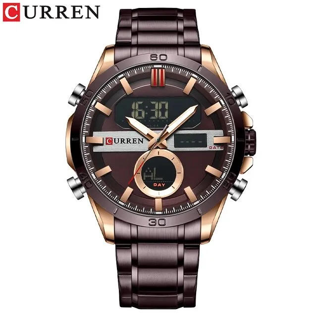 CURREN Golden Mens Quartz Watches LED Digital Luminou Wrist Watch Dual Display Male Clock StainlessSteel Relogio Masculino 8384