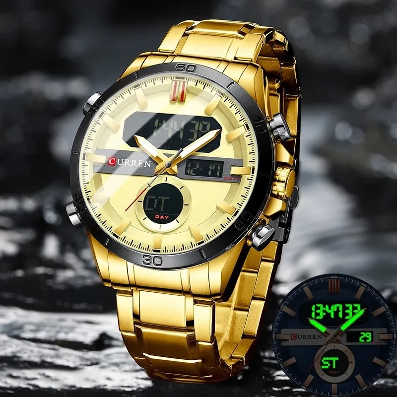 CURREN Golden Mens Quartz Watches LED Digital Luminou Wrist Watch Dual Display Male Clock StainlessSteel Relogio Masculino 8384