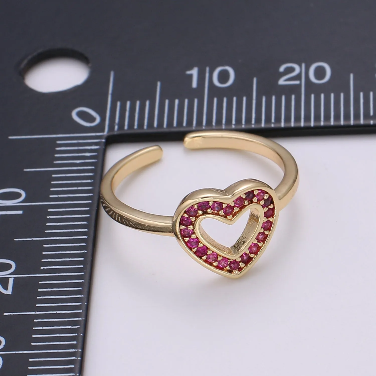 Dainty Red Ruby CZ Love 18k Gold Filled Ring, Heart Cubic Open Adjustable Gold Ring