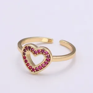 Dainty Red Ruby CZ Love 18k Gold Filled Ring, Heart Cubic Open Adjustable Gold Ring