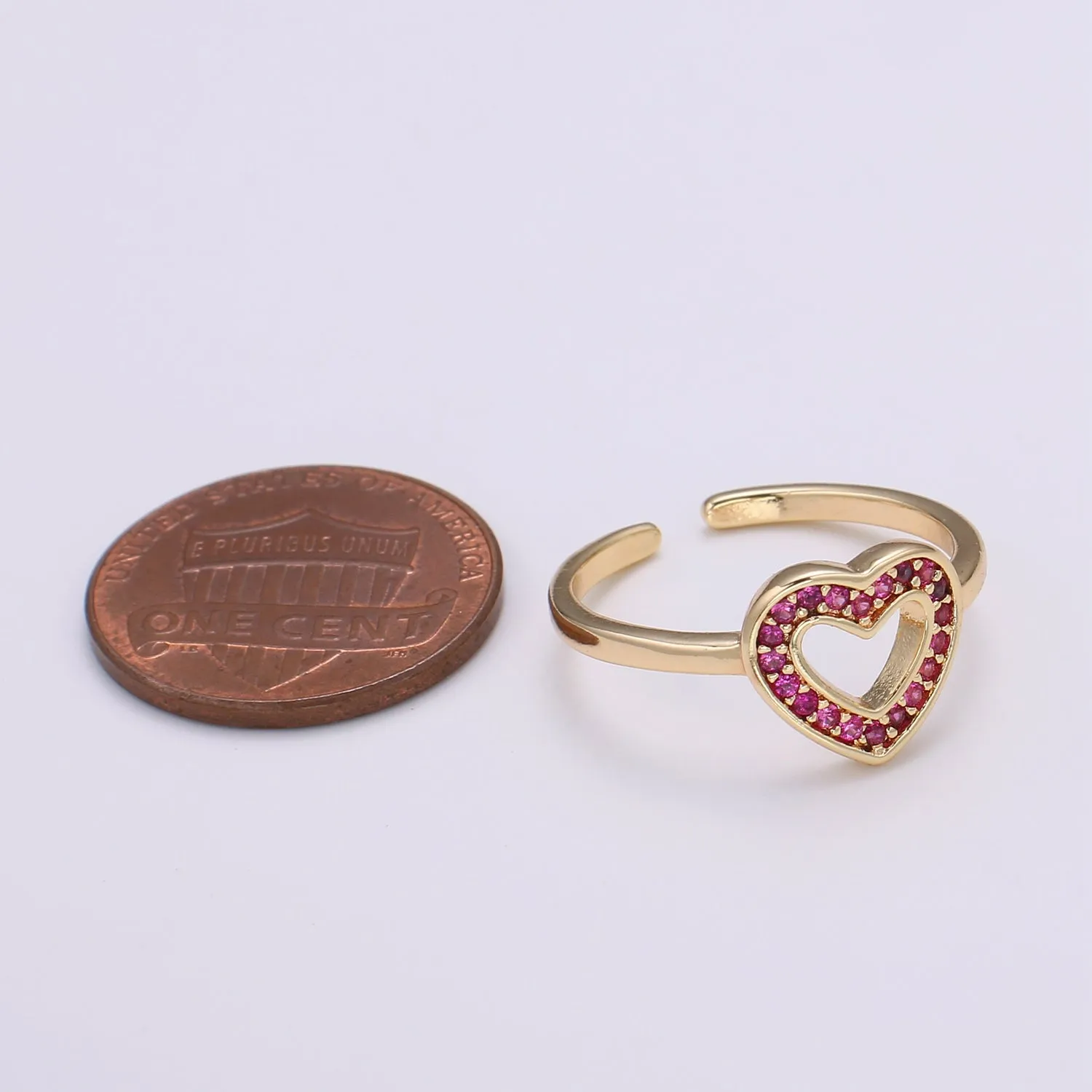 Dainty Red Ruby CZ Love 18k Gold Filled Ring, Heart Cubic Open Adjustable Gold Ring