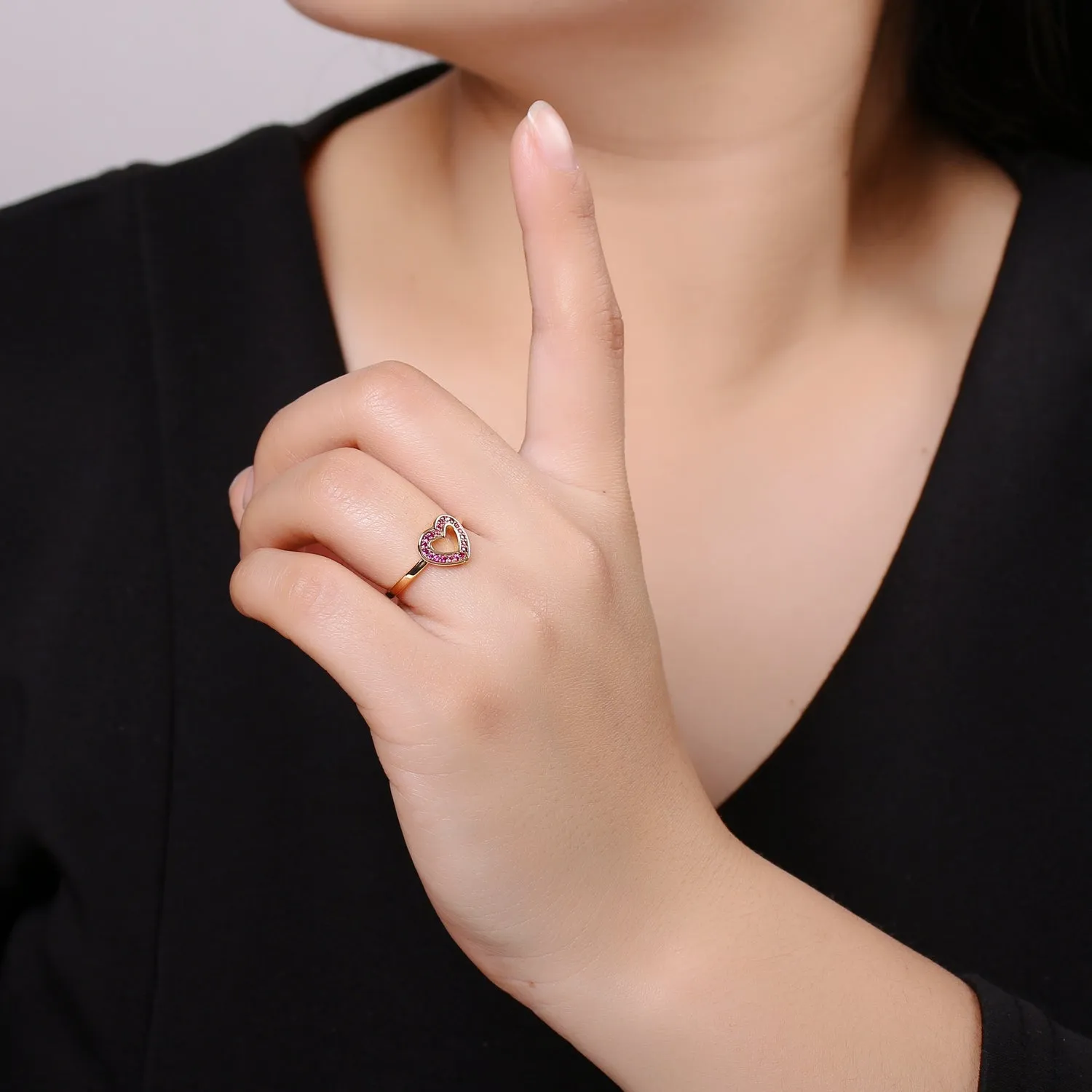 Dainty Red Ruby CZ Love 18k Gold Filled Ring, Heart Cubic Open Adjustable Gold Ring