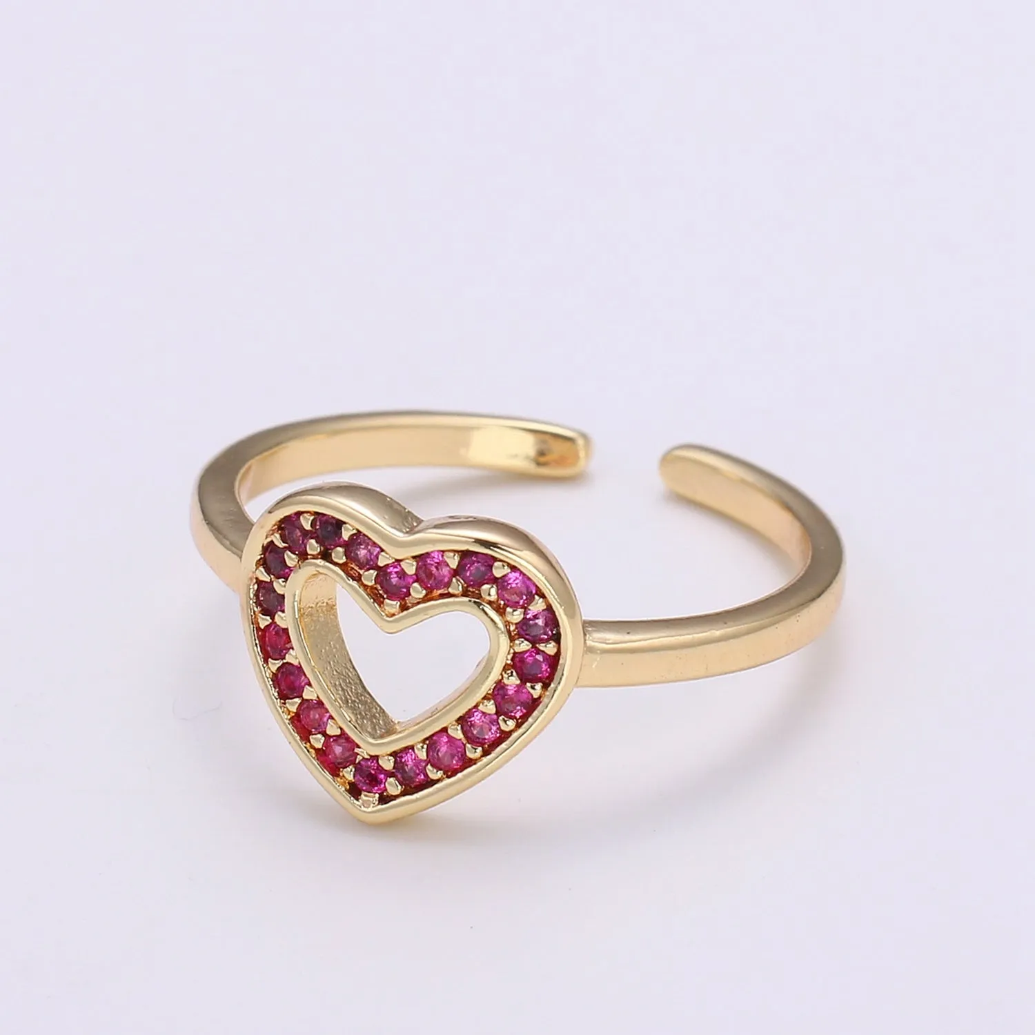 Dainty Red Ruby CZ Love 18k Gold Filled Ring, Heart Cubic Open Adjustable Gold Ring