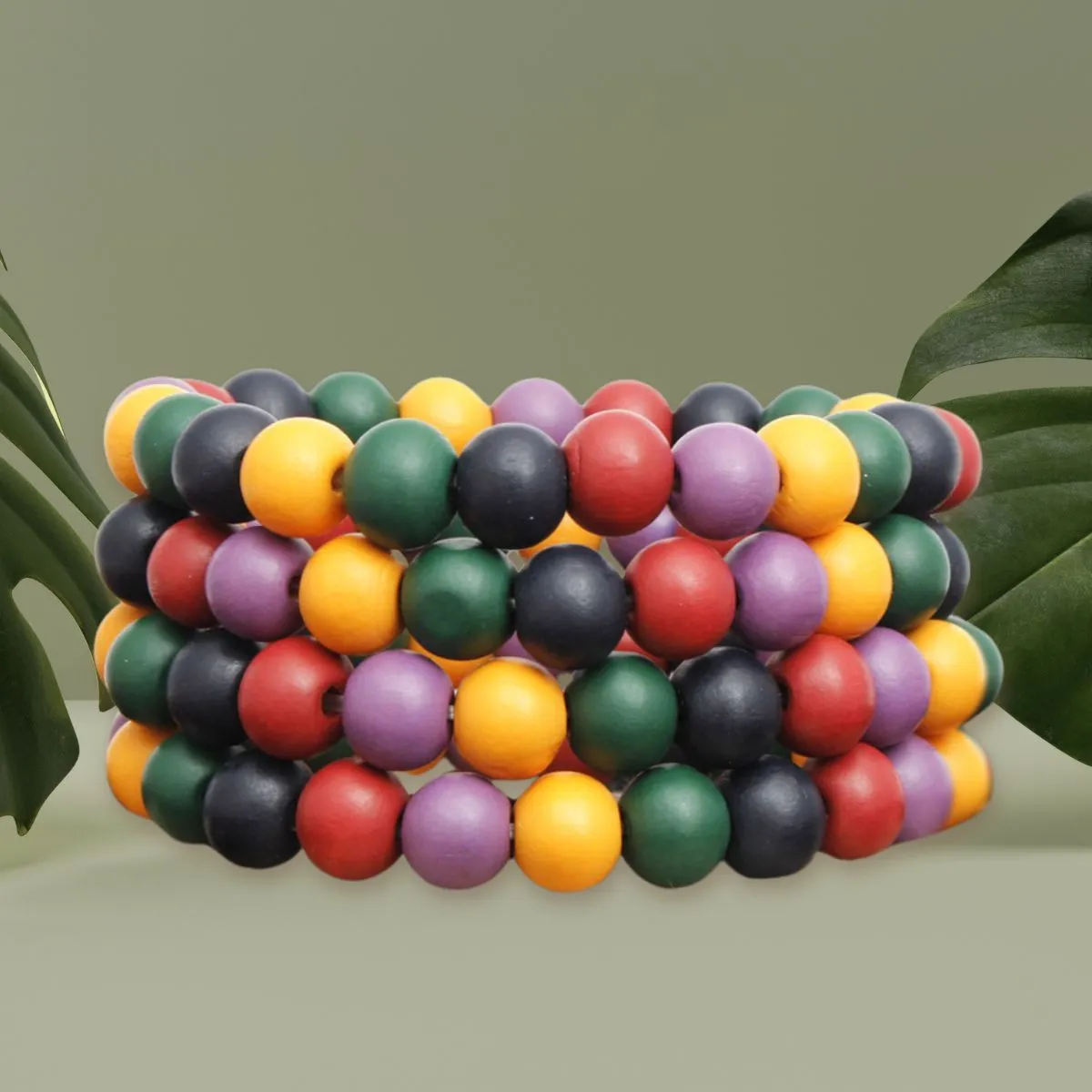 Dark Multicolor Wooden Ball Bead Bracelet Set - 4pc Bold Boho Style