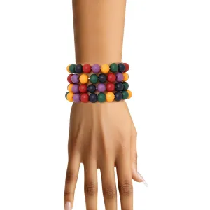 Dark Multicolor Wooden Ball Bead Bracelet Set - 4pc Bold Boho Style