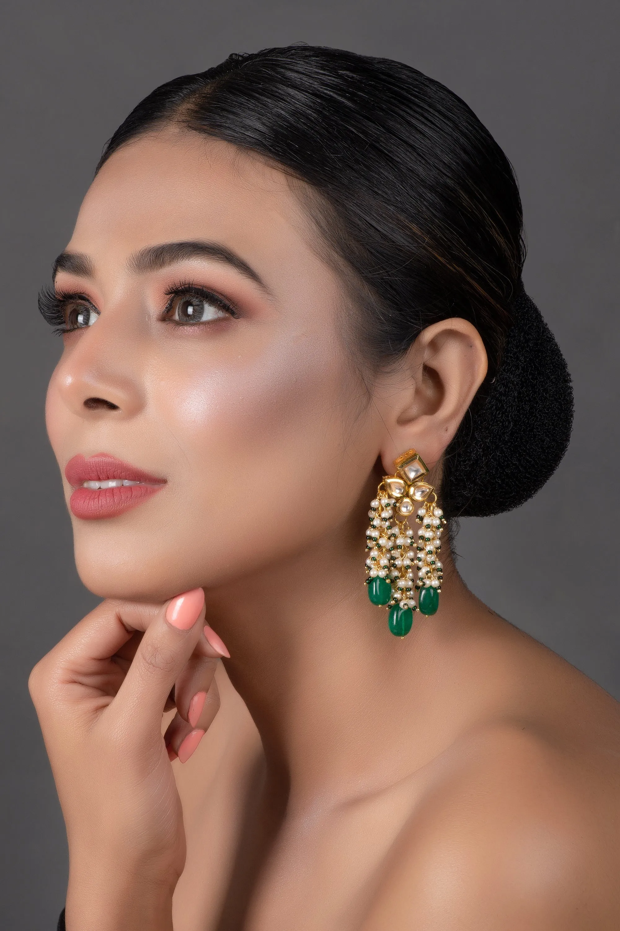 Designer Gold Toned Pearl Beaded Tassel Kundan Earrings