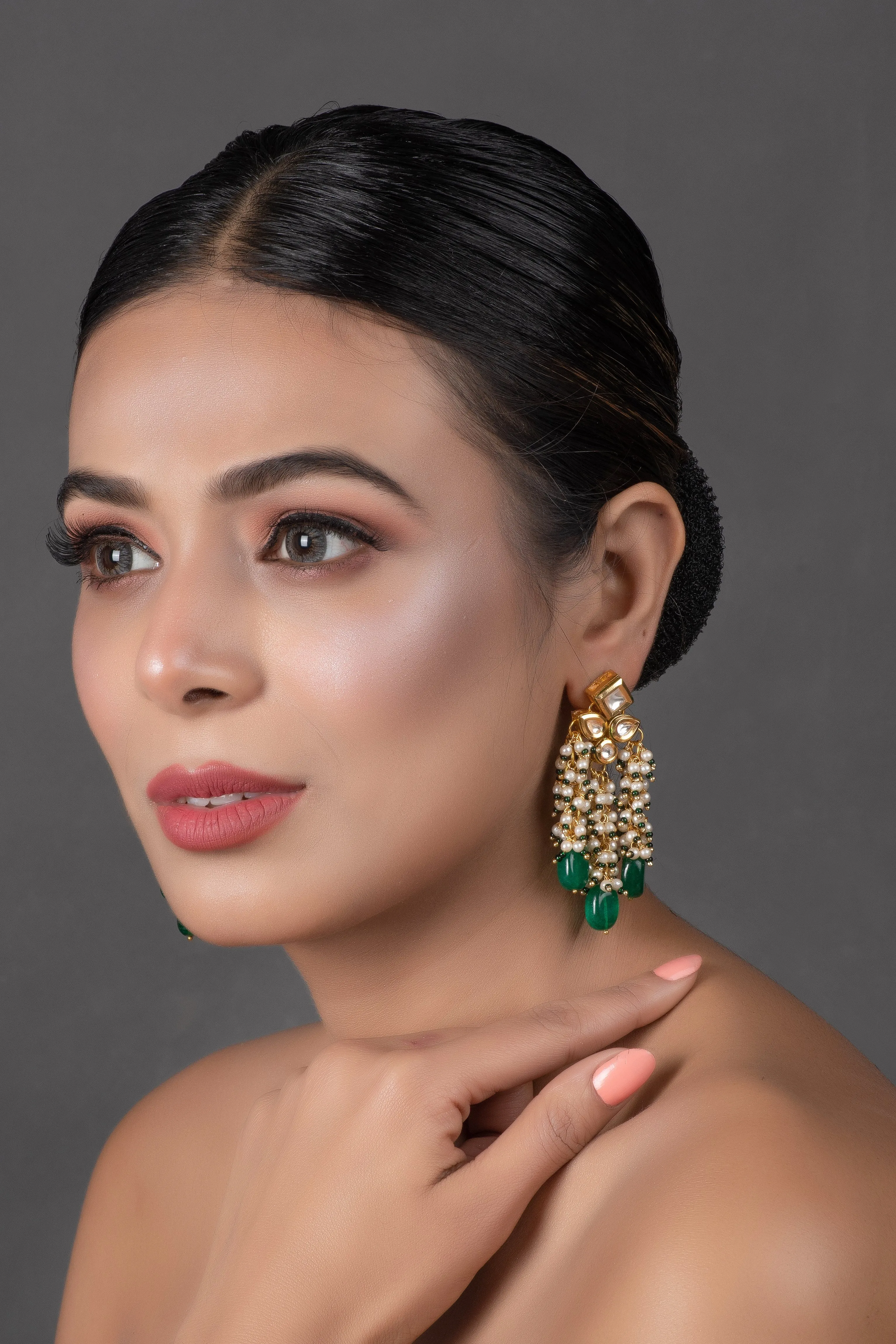 Designer Gold Toned Pearl Beaded Tassel Kundan Earrings
