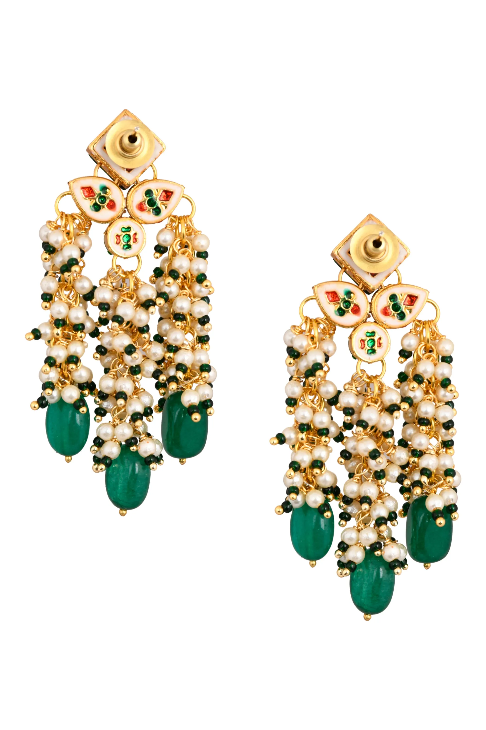 Designer Gold Toned Pearl Beaded Tassel Kundan Earrings