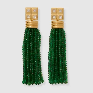 Diamond Princess Cut Studs with Emerald Tassels, 18K Yellow Gold