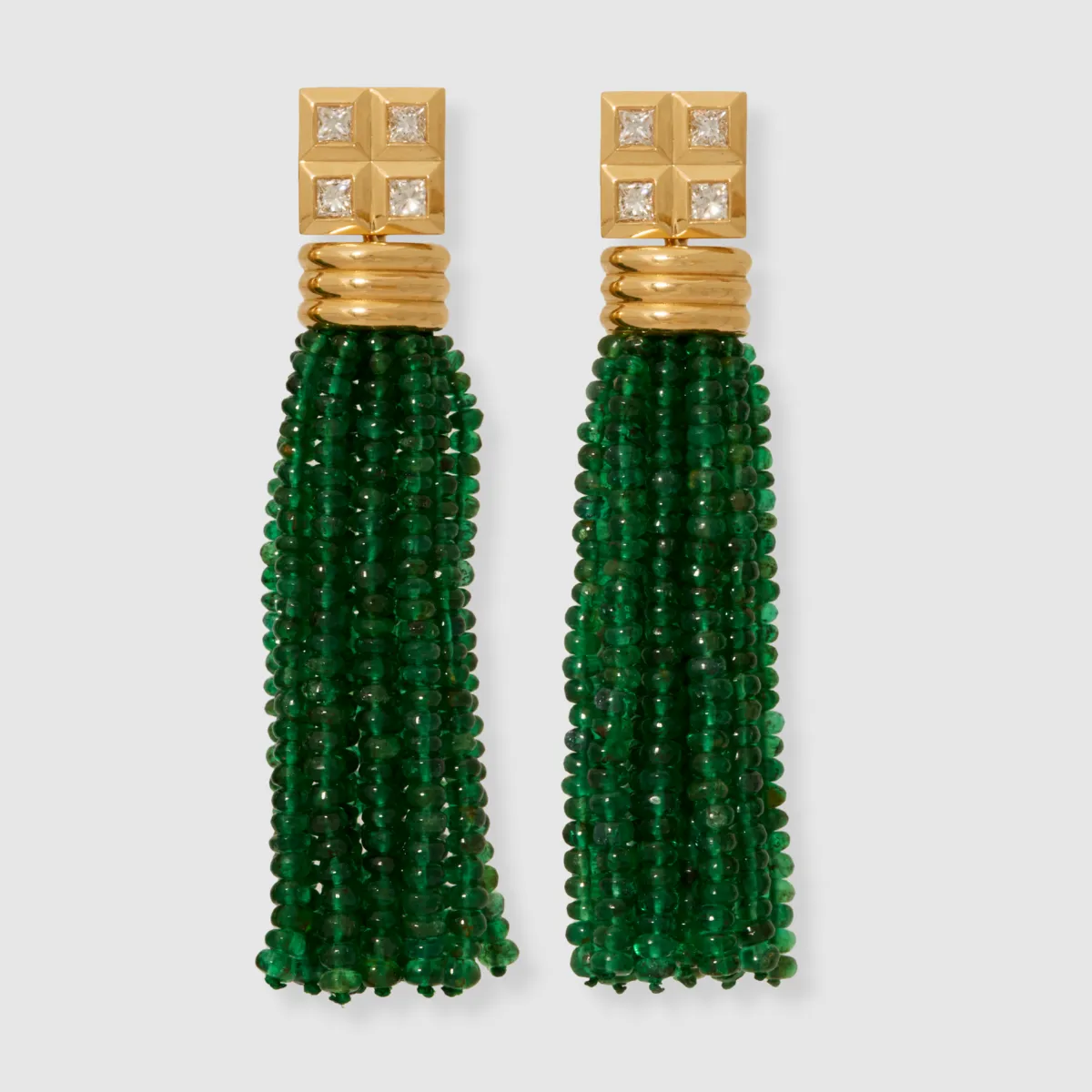 Diamond Princess Cut Studs with Emerald Tassels, 18K Yellow Gold