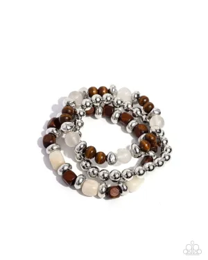 DIVERSIFIED Wood - Silver - Wooden, and Glassy Bead Paparazzi Stretchy Bracelet