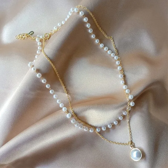 Double Layer Chain Pearl Choker Necklace
