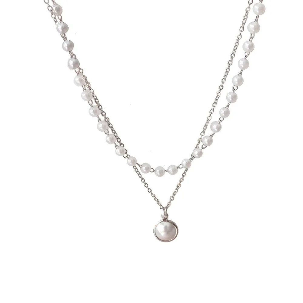 Double Layer Chain Pearl Choker Necklace