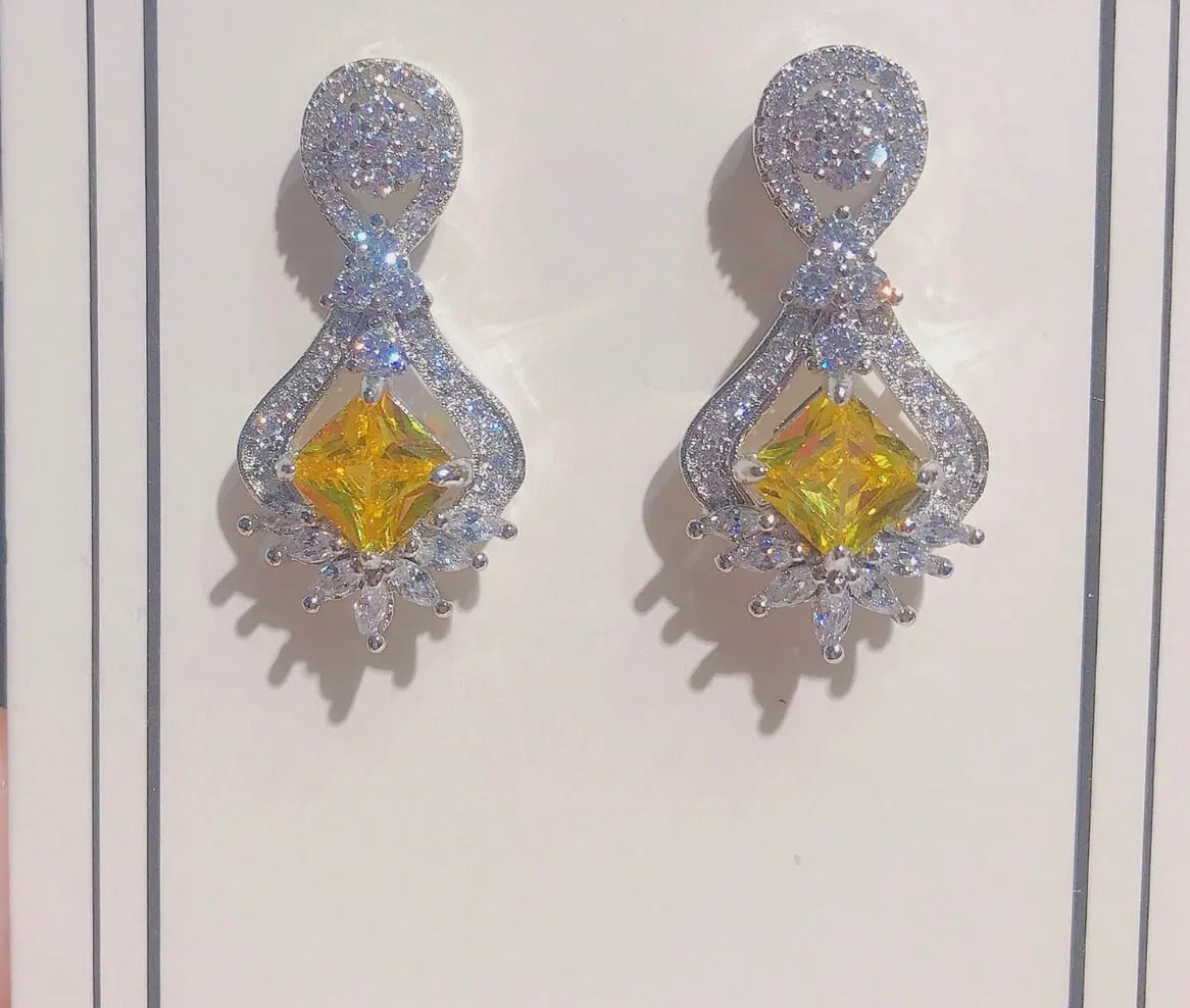 Drop Earrings | Princess Cut Diamond Earrings | Yellow Diamond Earrings | Classy Diamond Earrings | Womens Earrings | Dangle Earrings