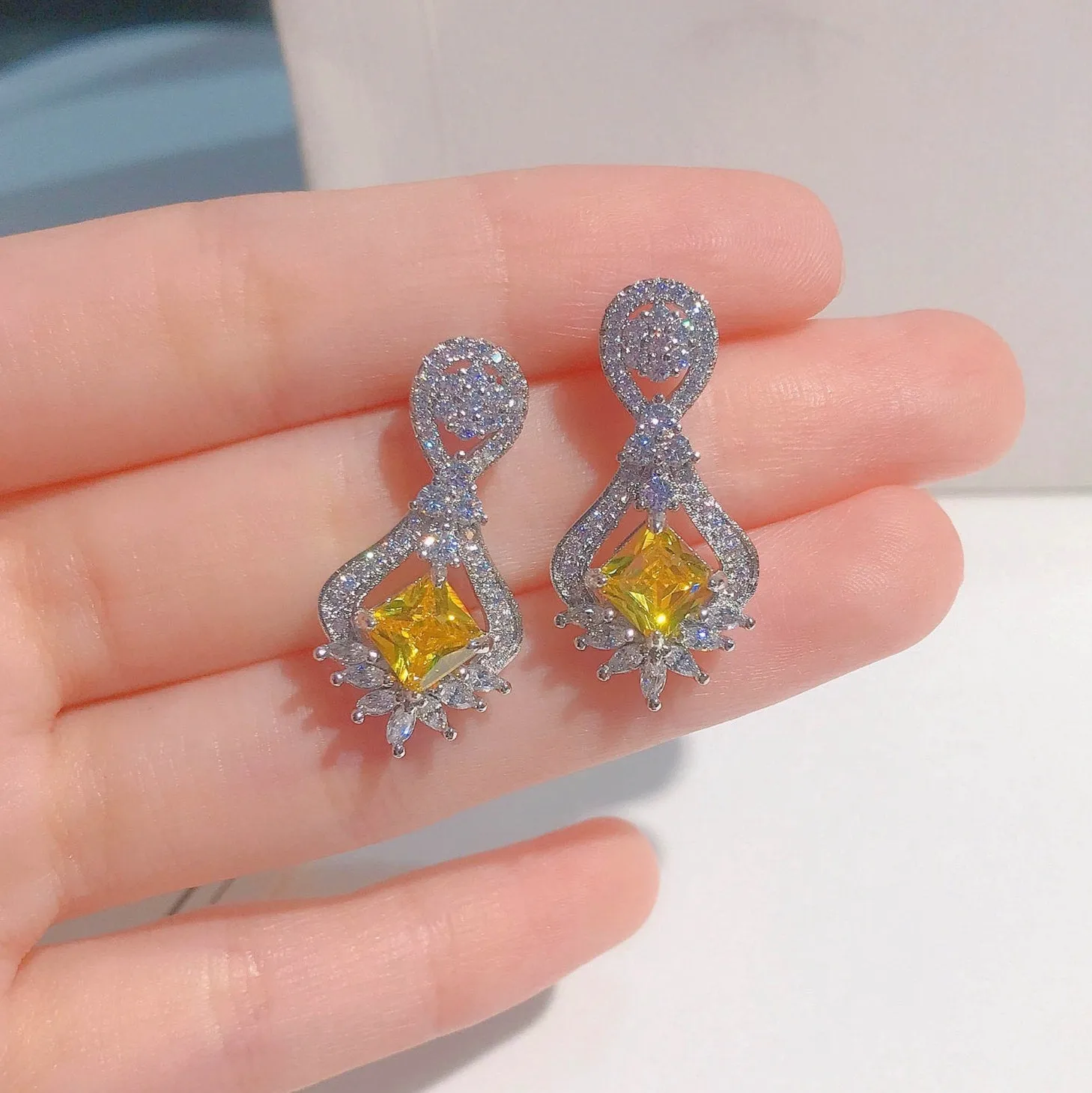 Drop Earrings | Princess Cut Diamond Earrings | Yellow Diamond Earrings | Classy Diamond Earrings | Womens Earrings | Dangle Earrings